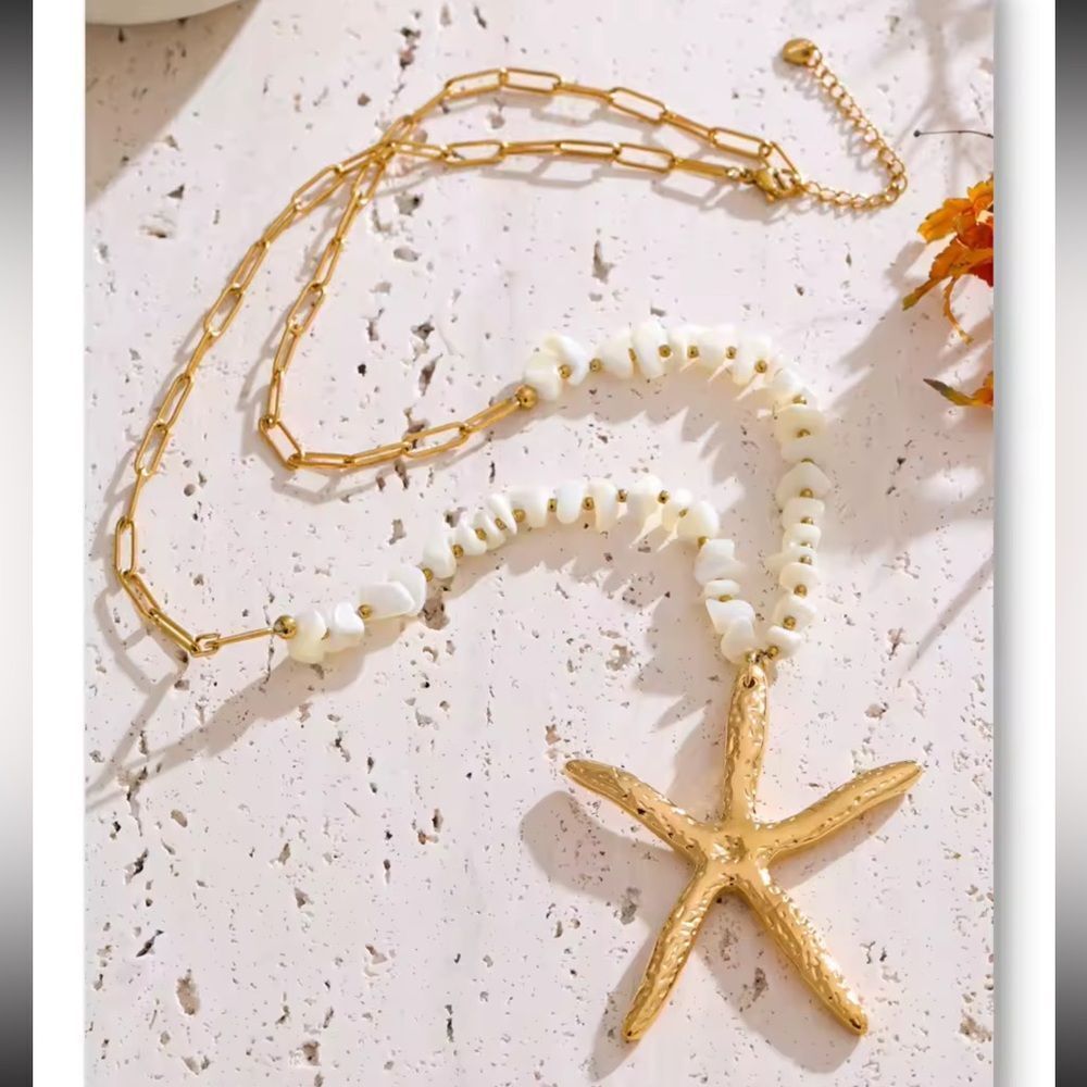 Gold Starfish & Natural Shell Necklace – Coastal Chic Statement Piece